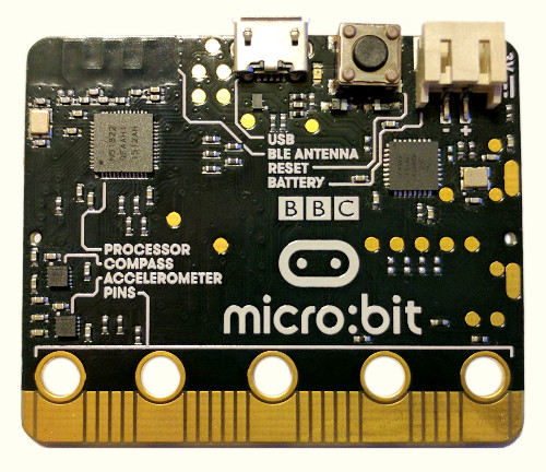 The bottom side of the micro:bit, showing chip layout, pins, port, and reset button.