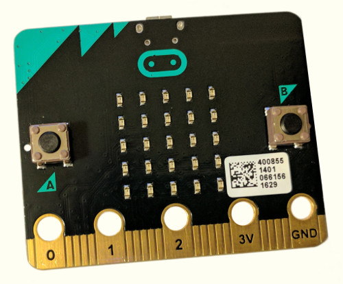 The top side of the micro:bit, showing two buttons and a five-by-five array of LEDs.