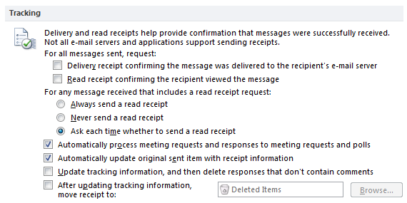 Outlook tracking options, showing "Ask each time whether to send a read receipt"